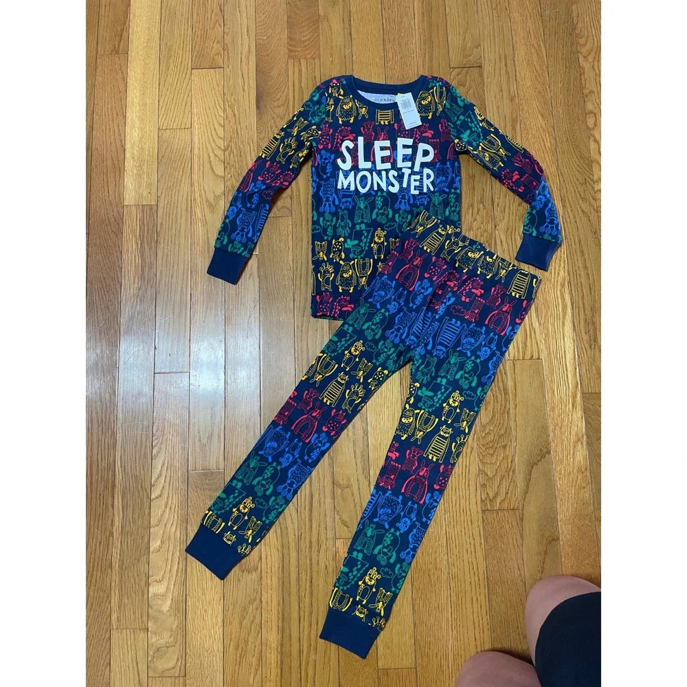 Old Navy Kids Sleep Monster Pajama Set Navy Blue Rainbow 5T 2-Piece NWT